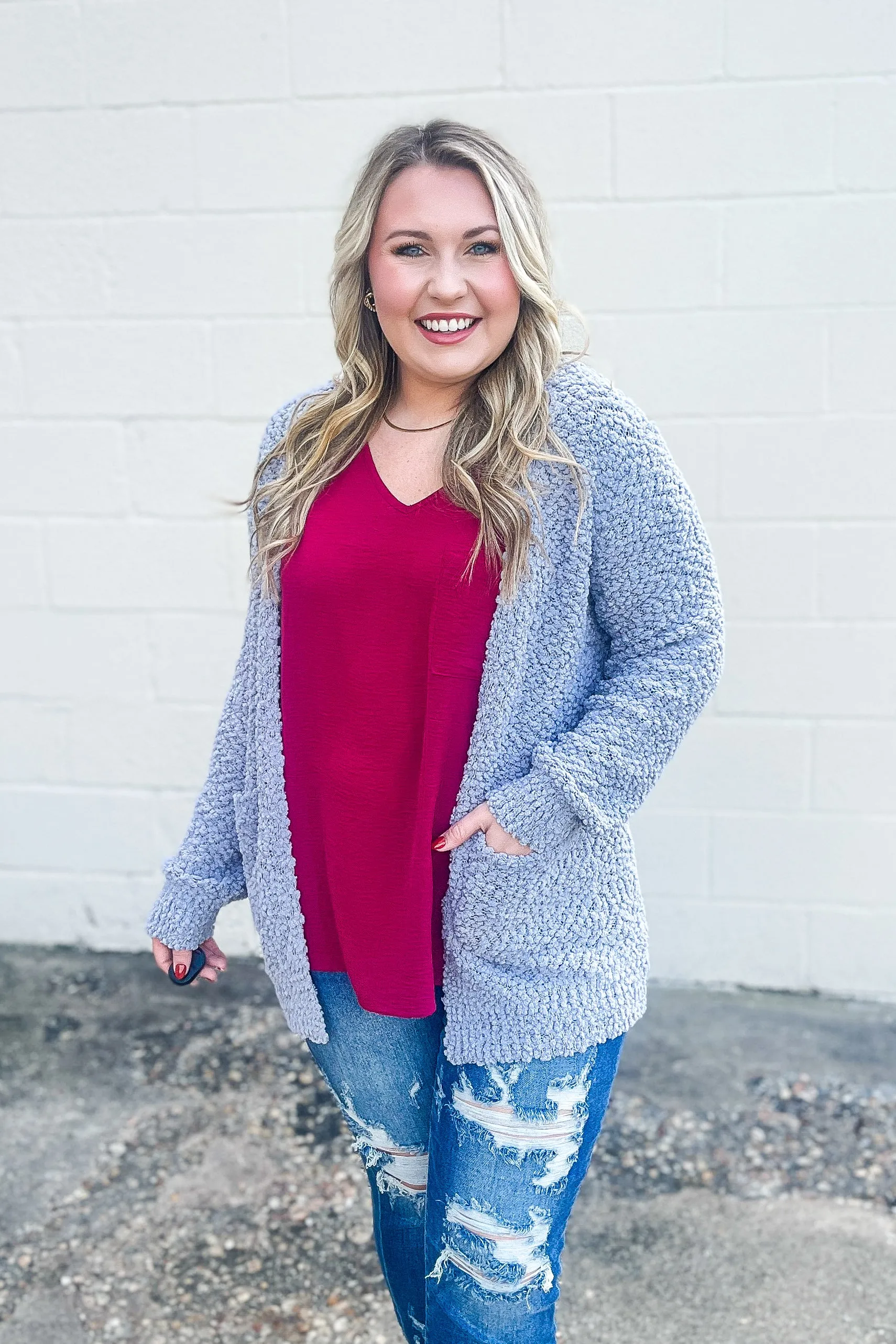 Gina Popcorn Cardigan, Light Grey