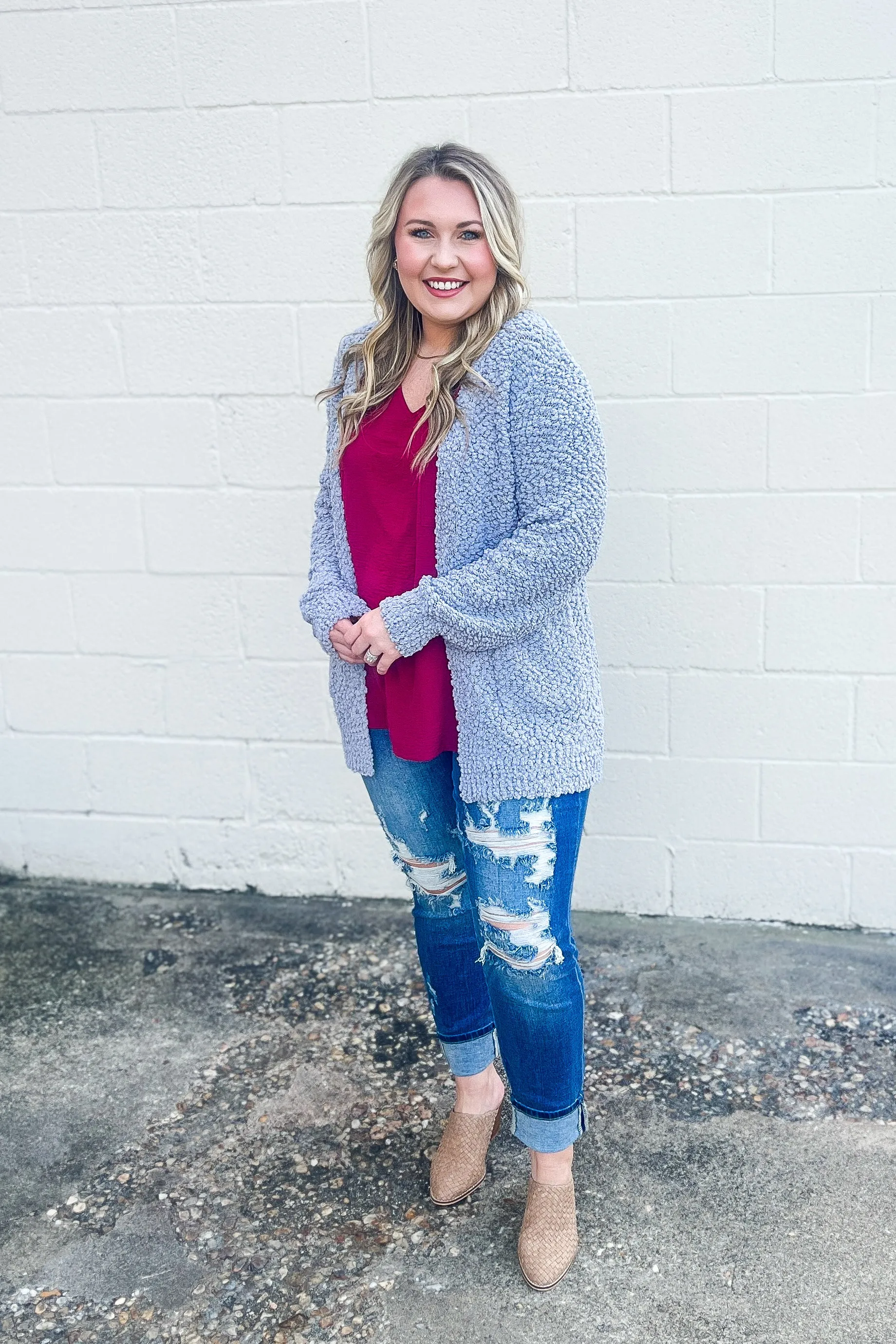 Gina Popcorn Cardigan, Light Grey