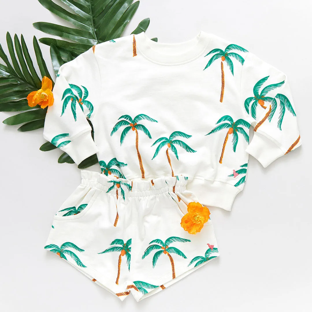 Girls Organic Theodore Short - Cream Palm Trees