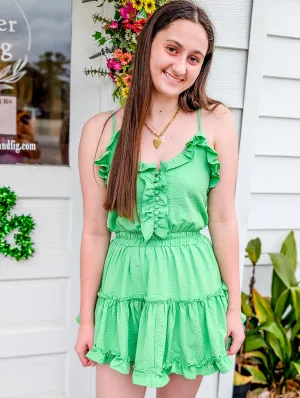 Green Mini Ruffle Spaghetti Strap Dress