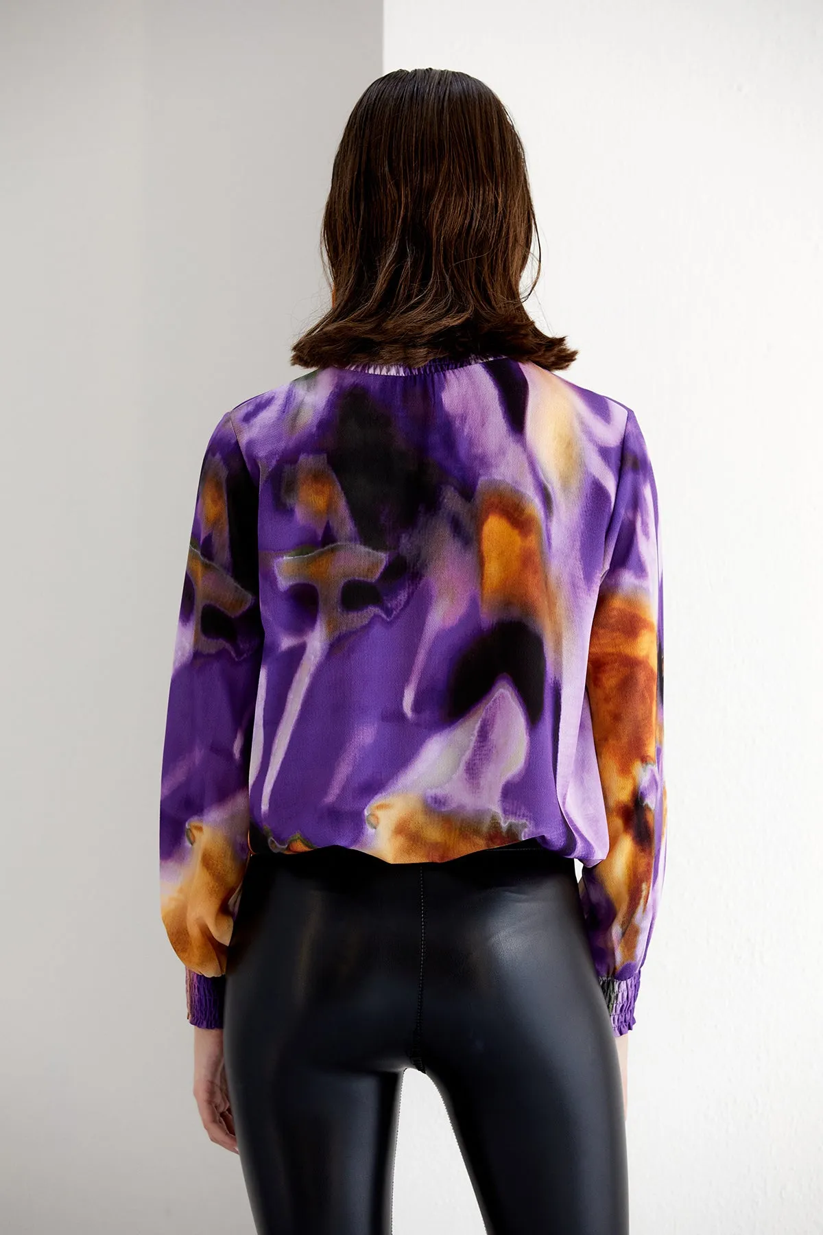 High Neck Long Sleeve Oversize Top in Purple Abstract print