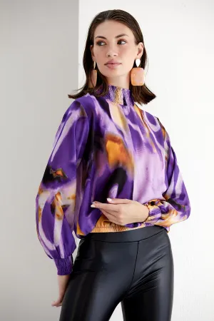 High Neck Long Sleeve Oversize Top in Purple Abstract print