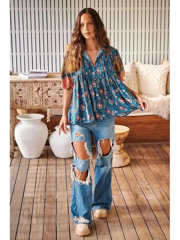 JAASE Plus Salena Print Myra Blouse - Blue