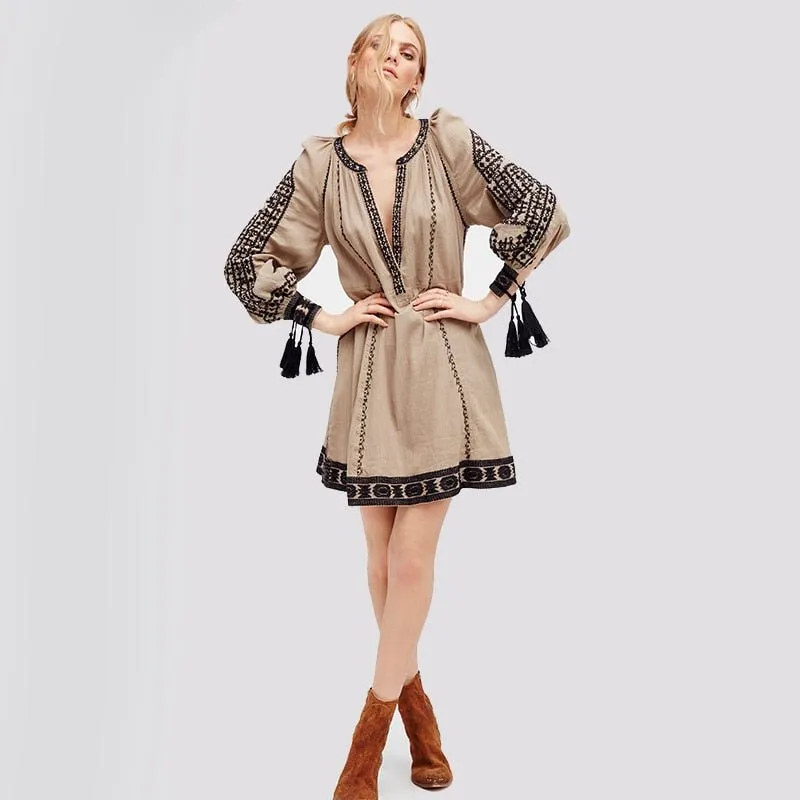 KHALEE YOSE Vintage Chic Embroidery Long Lantern Sleeve Short Dress