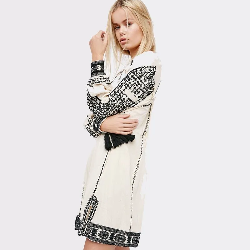 KHALEE YOSE Vintage Chic Embroidery Long Lantern Sleeve Short Dress