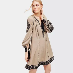 KHALEE YOSE Vintage Chic Embroidery Long Lantern Sleeve Short Dress