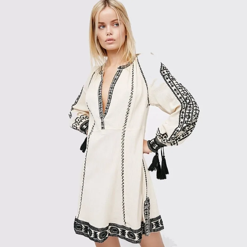 KHALEE YOSE Vintage Chic Embroidery Long Lantern Sleeve Short Dress
