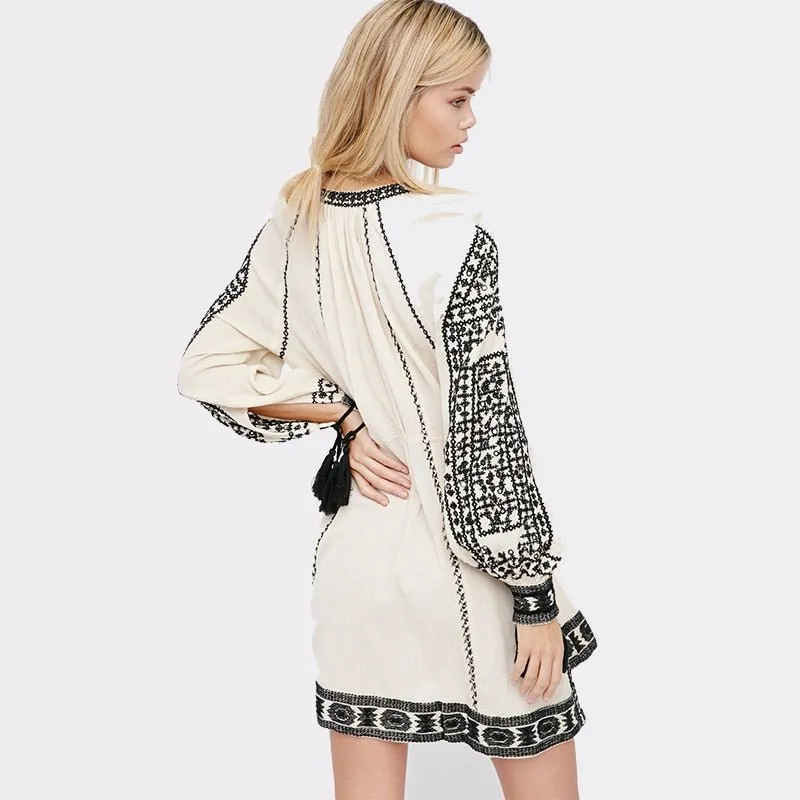 KHALEE YOSE Vintage Chic Embroidery Long Lantern Sleeve Short Dress