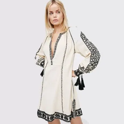 KHALEE YOSE Vintage Chic Embroidery Long Lantern Sleeve Short Dress