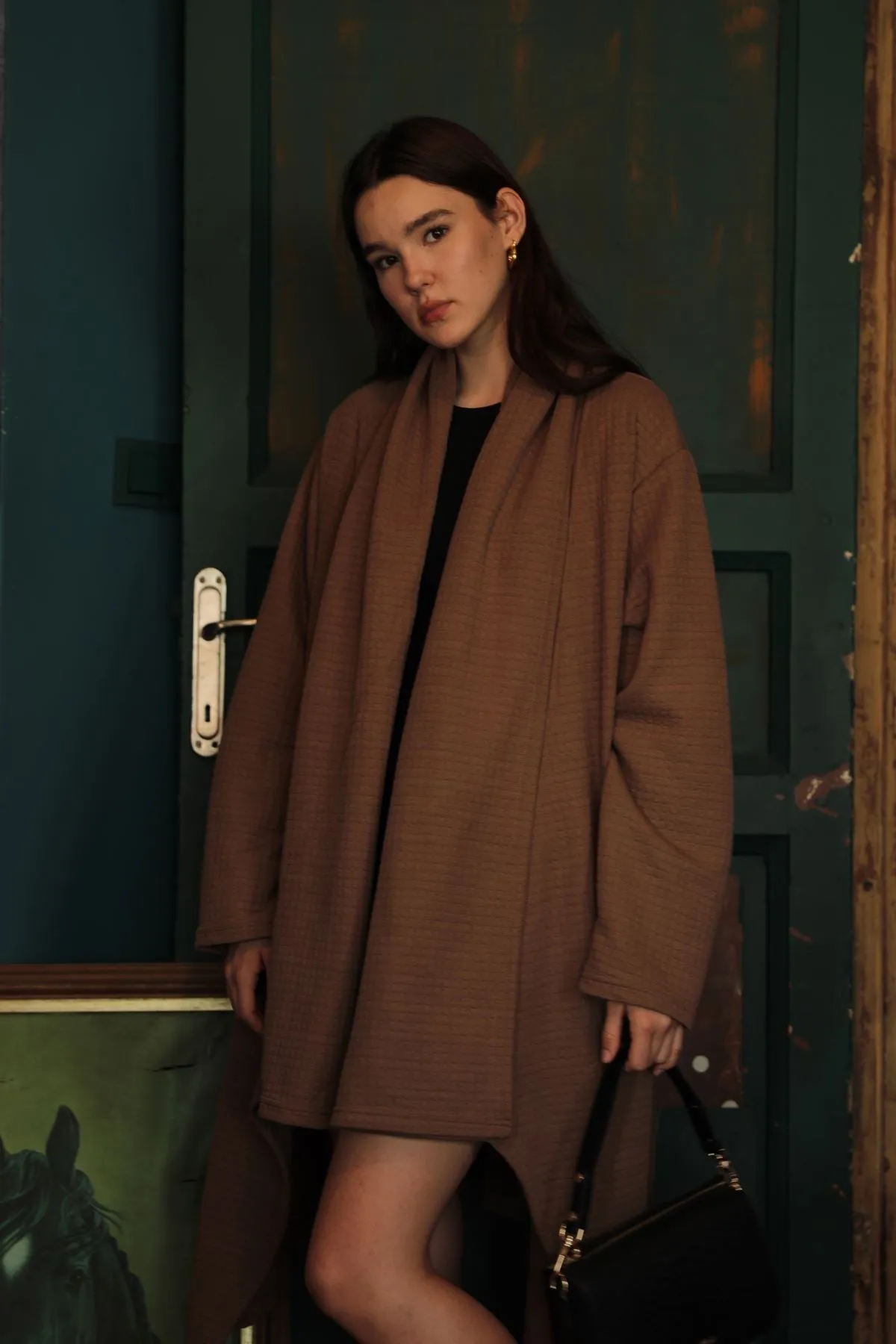 KKT Oversize Women's Cardigan with Honeycomb Fabric-Light Brown - Menifee