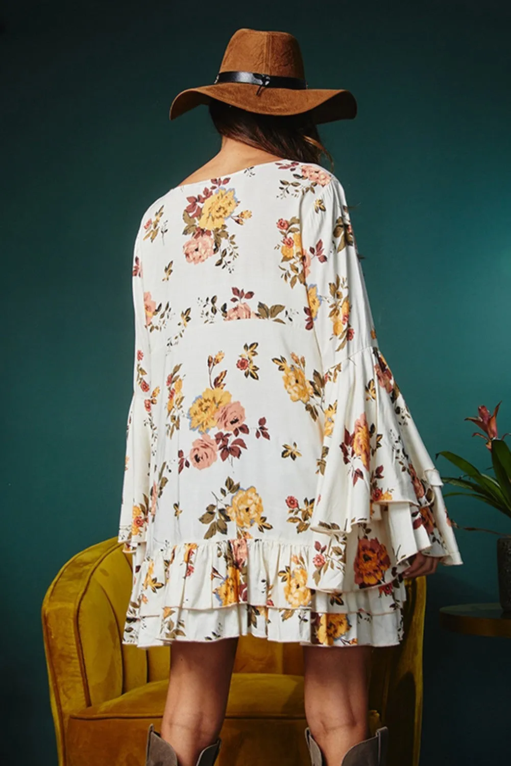 Lacey White Printed Floral Print Layered Sleeve Dress
