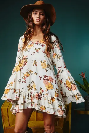Lacey White Printed Floral Print Layered Sleeve Dress