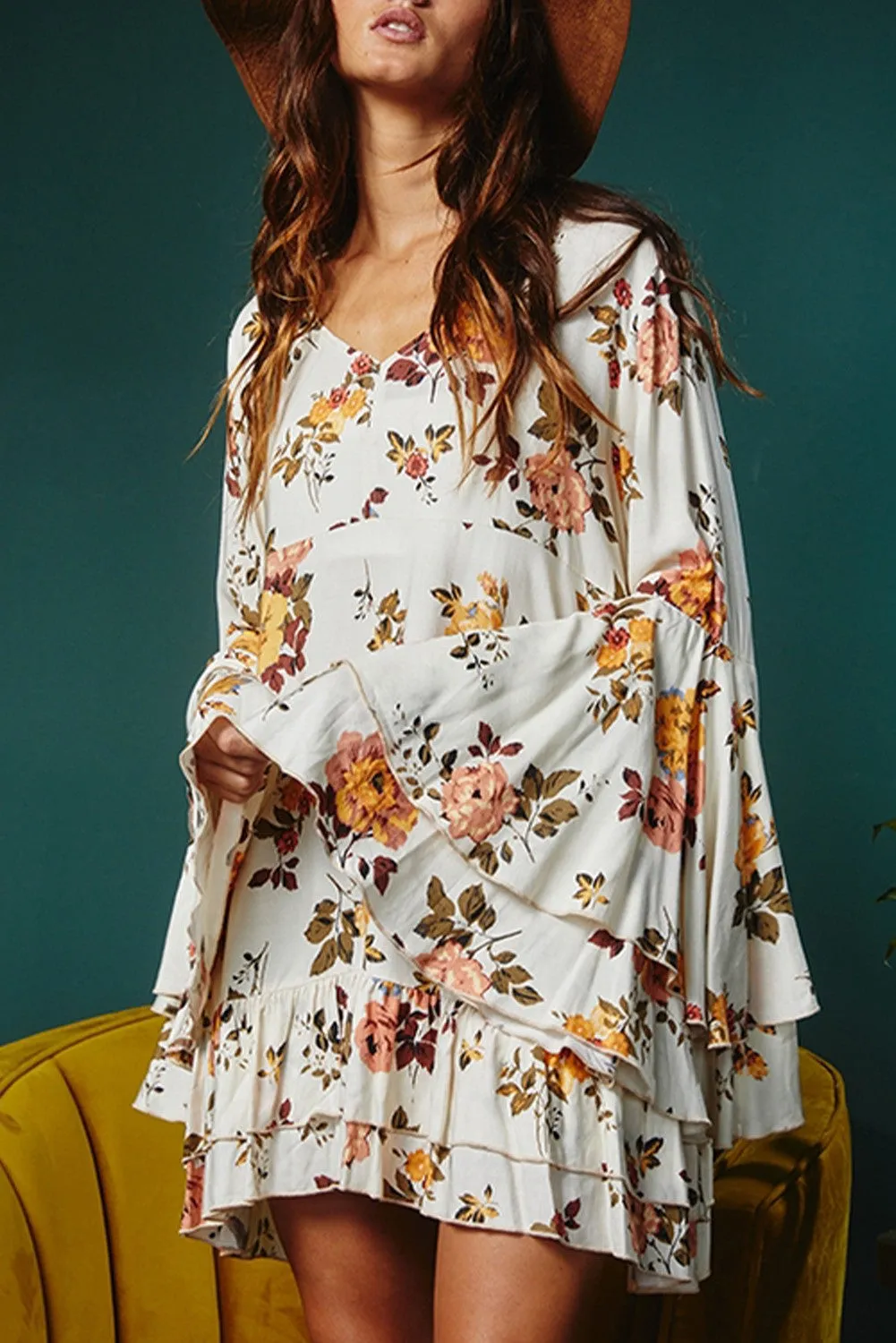 Lacey White Printed Floral Print Layered Sleeve Dress