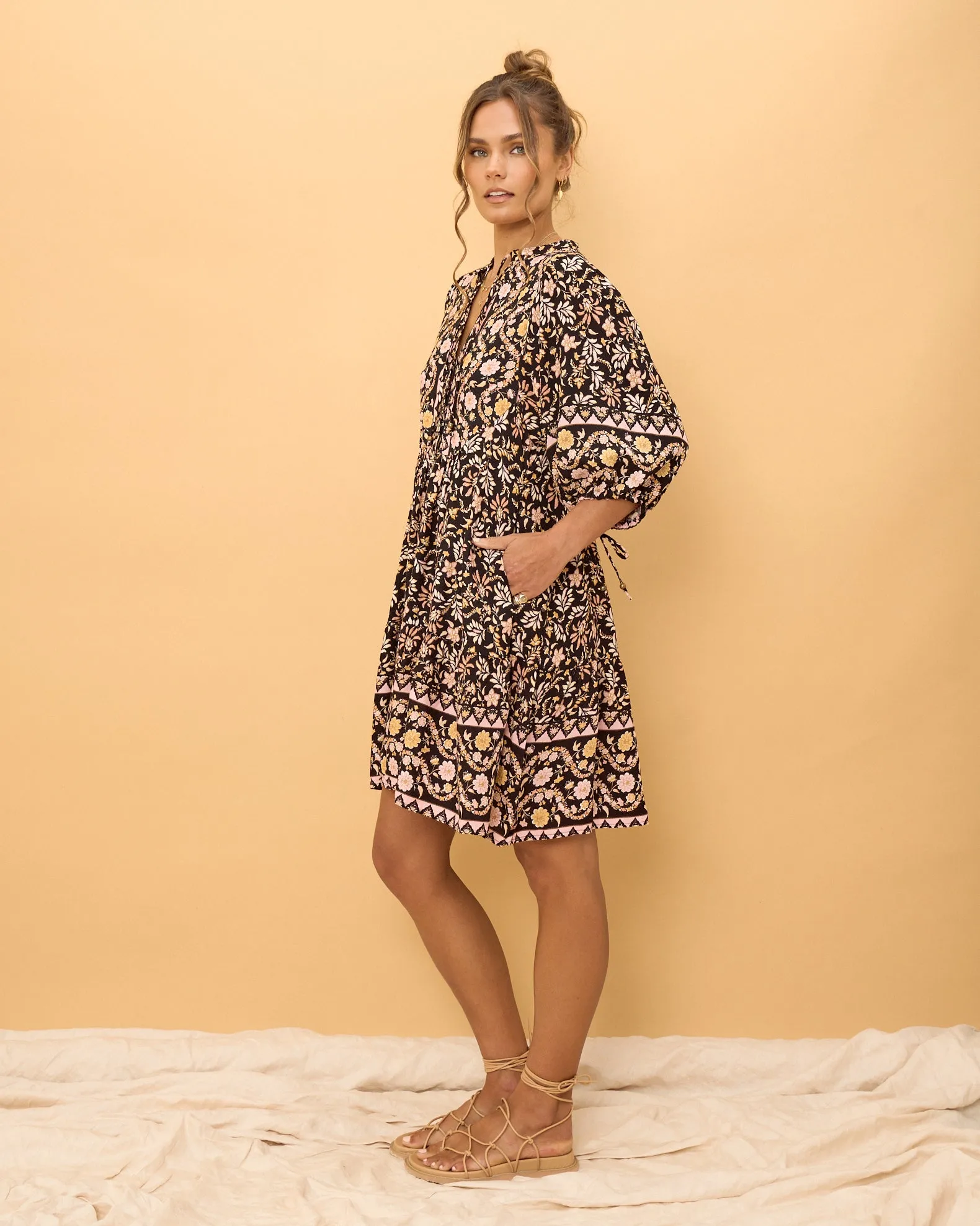 Laila Black Floral Boho Button Down Mini Dress
