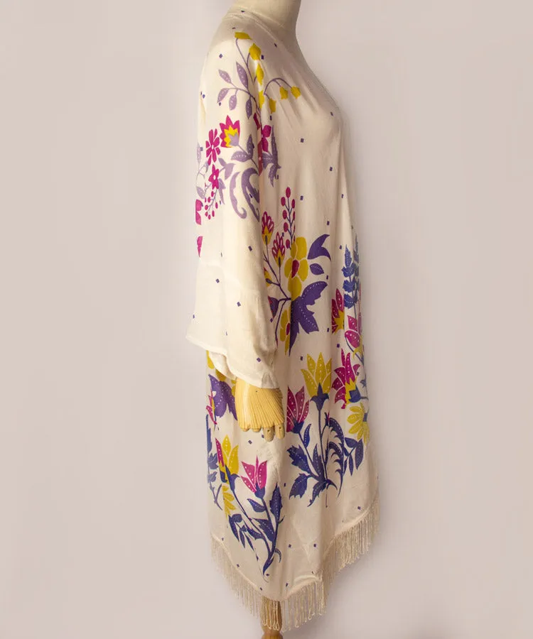 Light Beige Floral Fringe Boho Kimono Cardigan