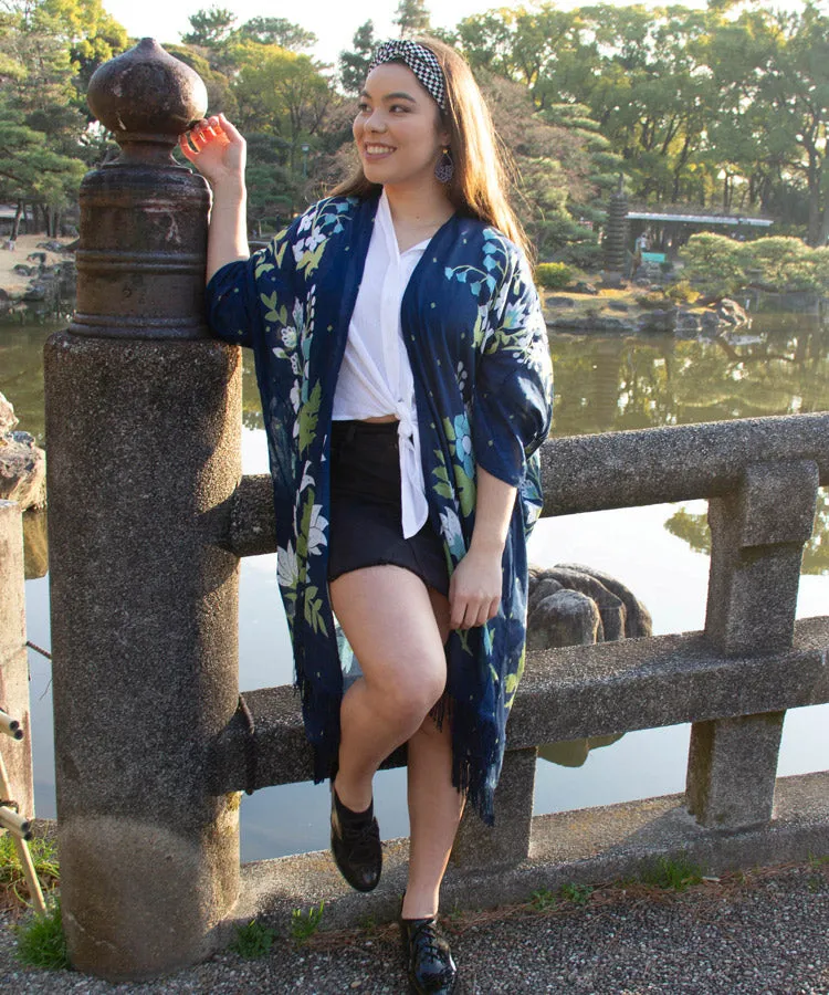 Light Beige Floral Fringe Boho Kimono Cardigan