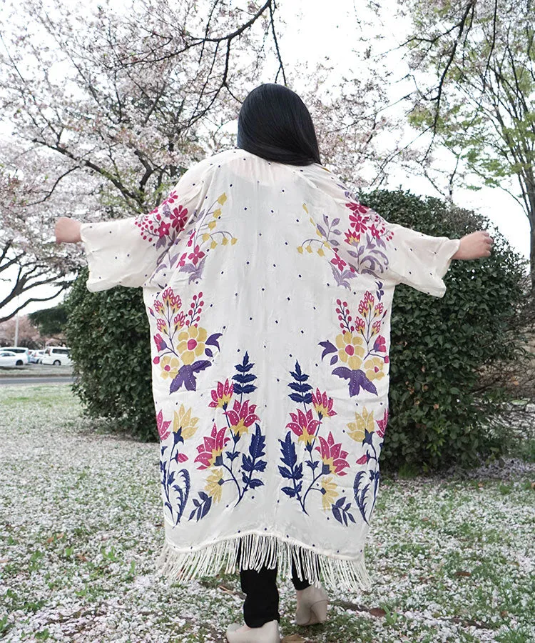 Light Beige Floral Fringe Boho Kimono Cardigan