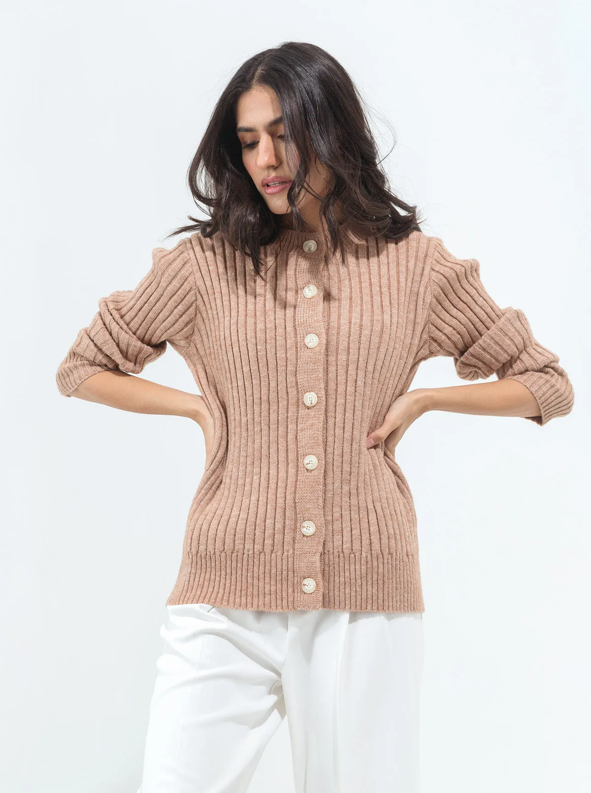 LIGHT BROWN HEATHER RIBBED CARDIGAN