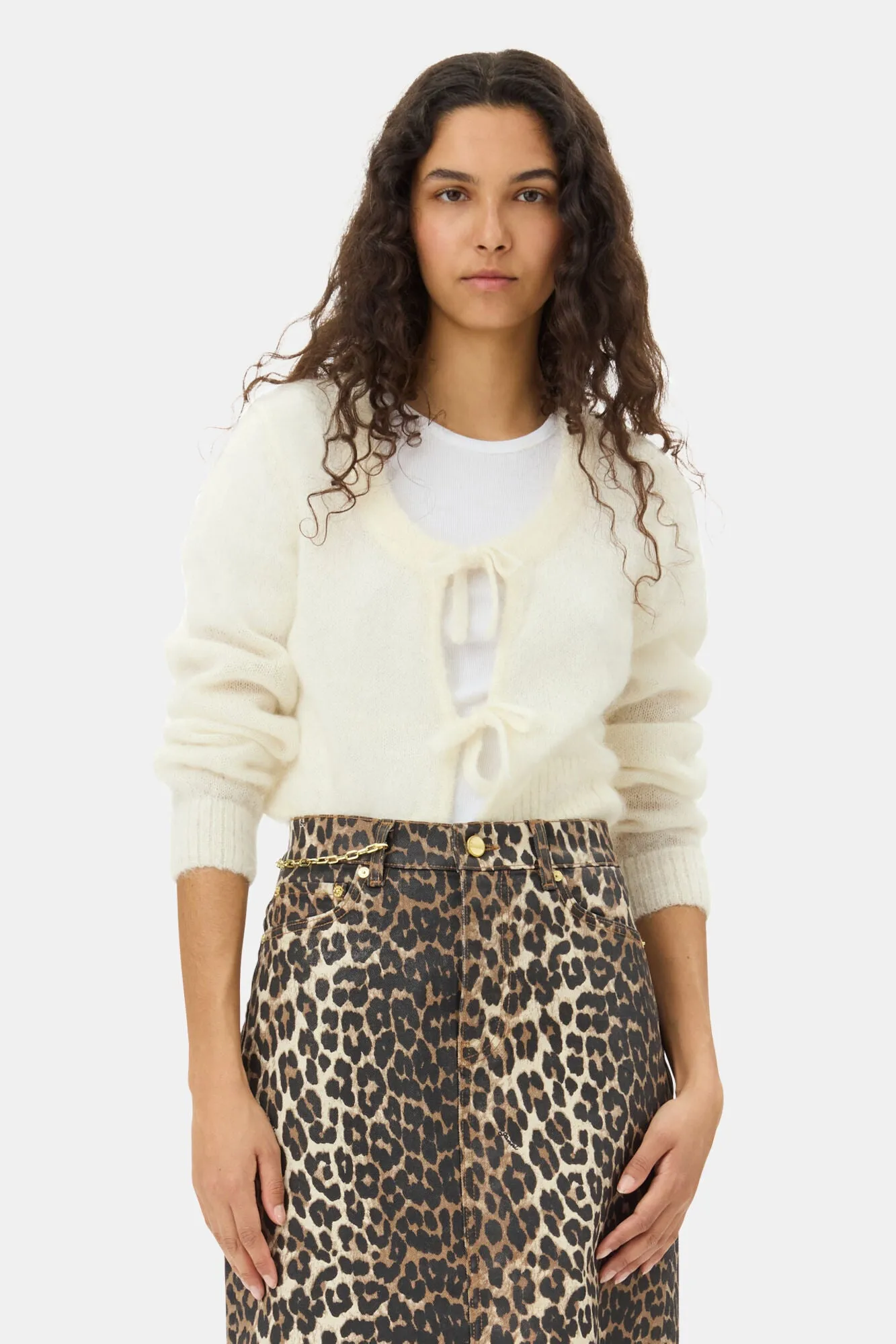 Light Mohair Tie String Cardigan - Egret