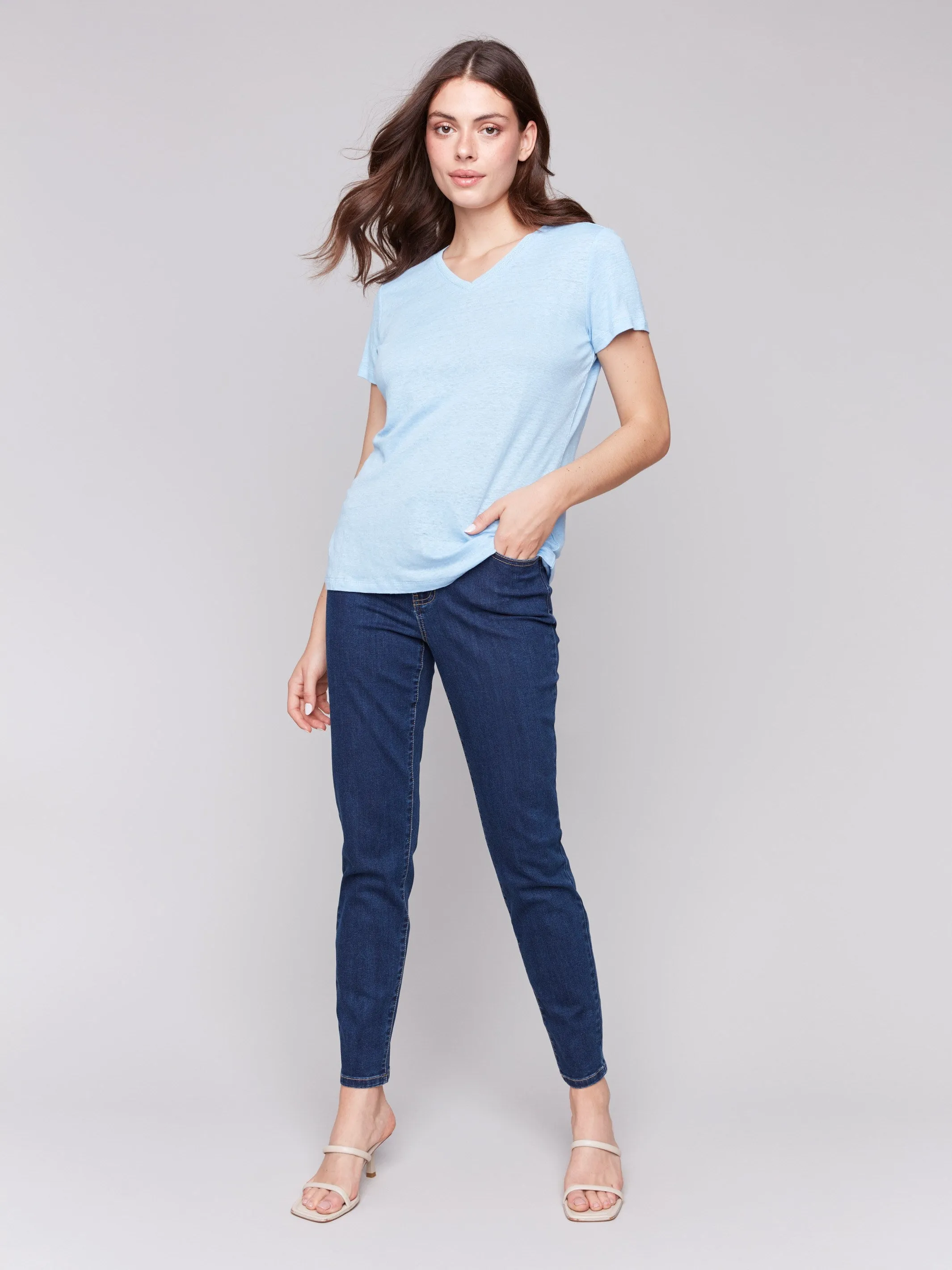 Linen Blend V-Neck T-Shirt - Bluebell