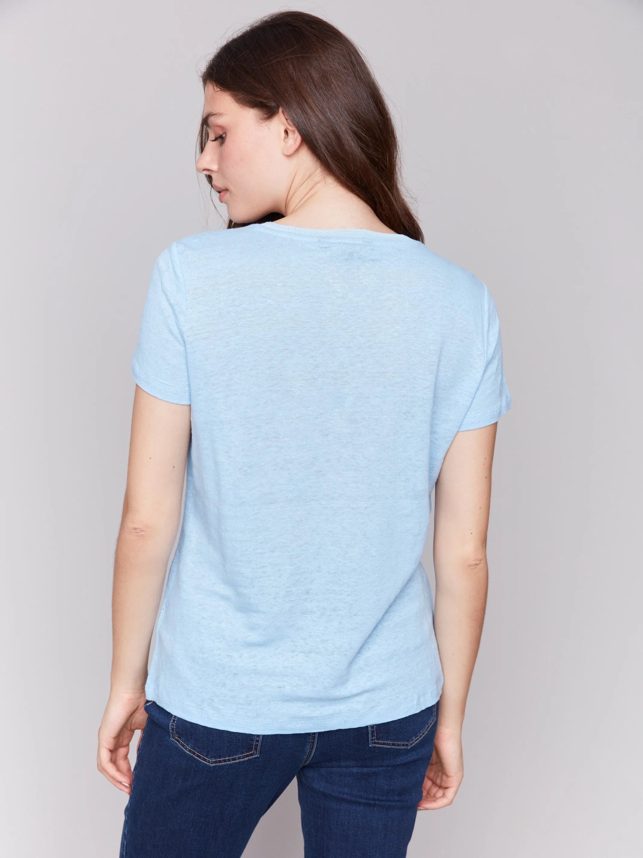 Linen Blend V-Neck T-Shirt - Bluebell