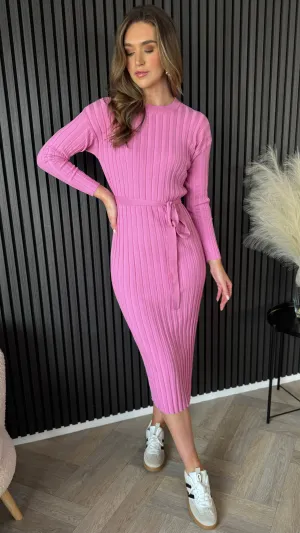 Lydia Pink Belted Ribbed Light Jumper Dress