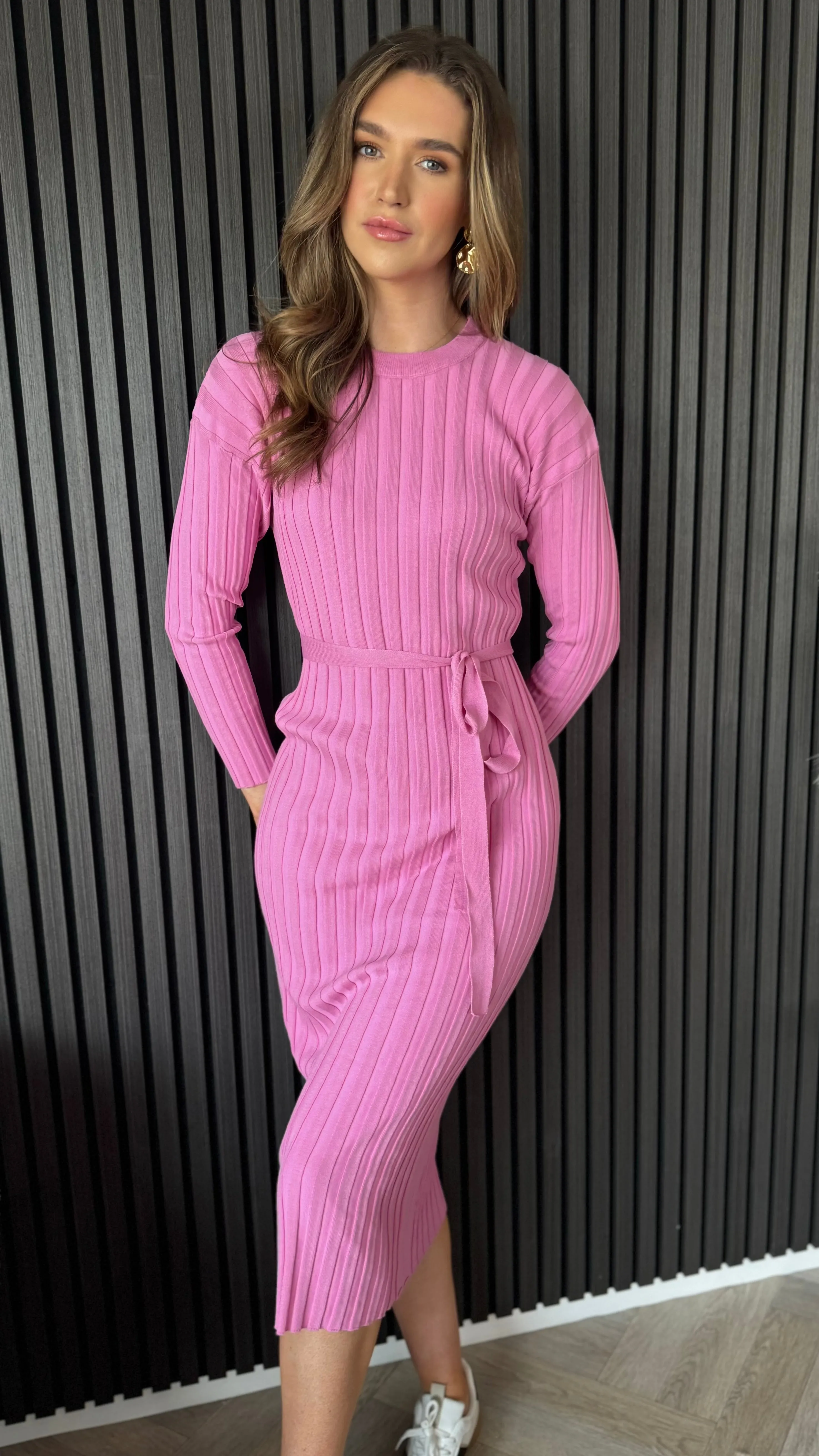 Lydia Pink Belted Ribbed Light Jumper Dress