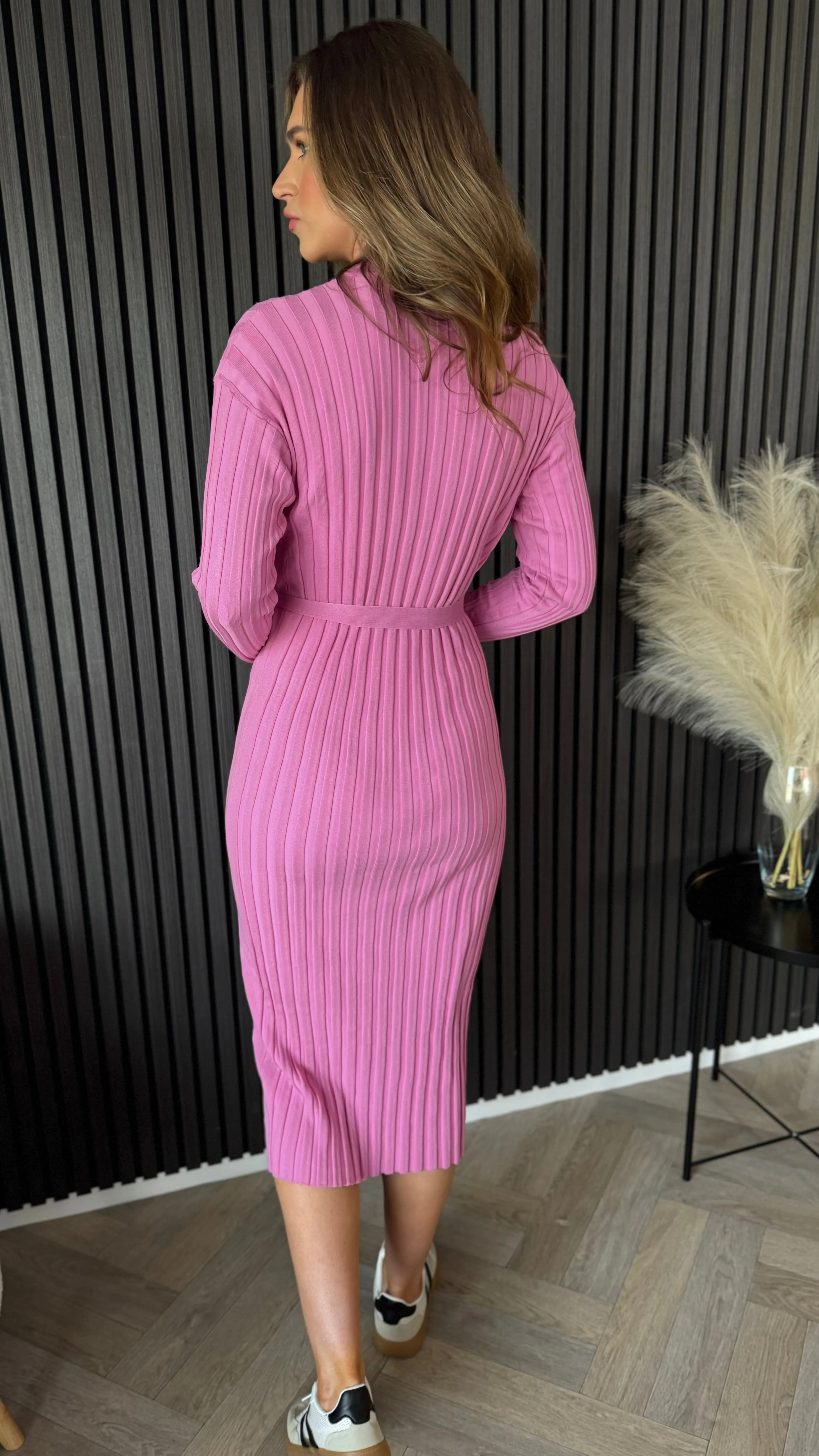 Lydia Pink Belted Ribbed Light Jumper Dress