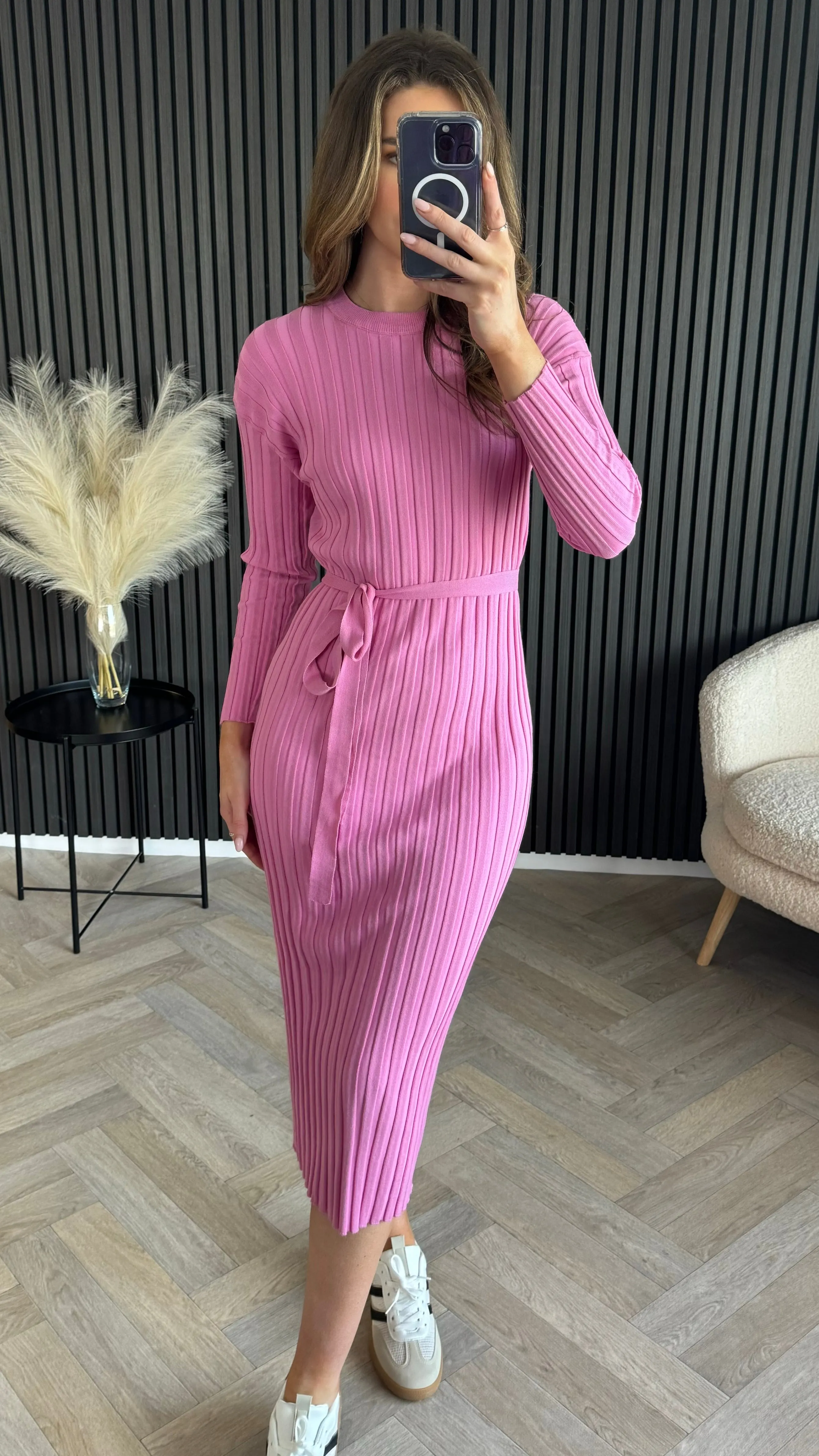 Lydia Pink Belted Ribbed Light Jumper Dress