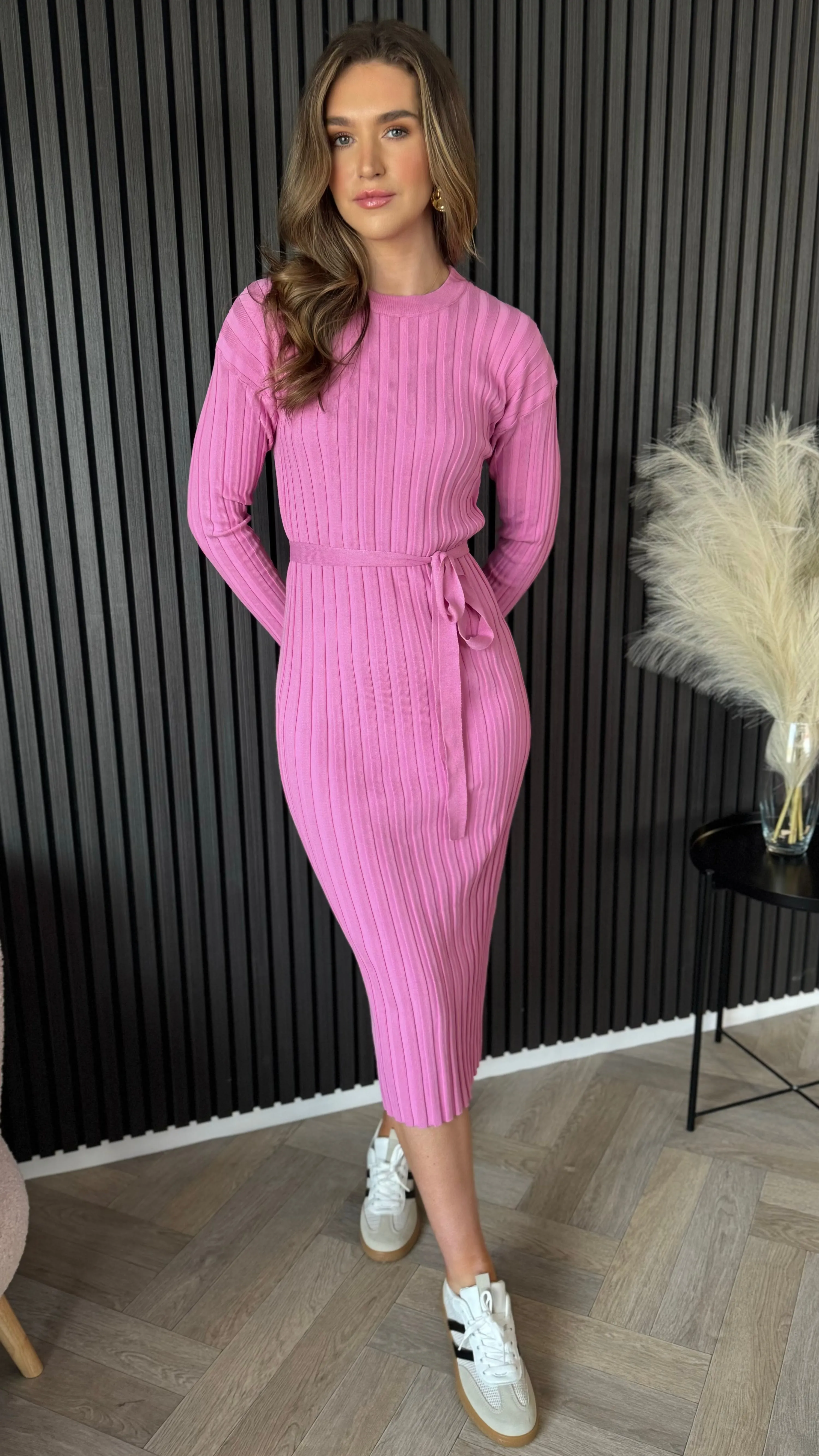 Lydia Pink Belted Ribbed Light Jumper Dress