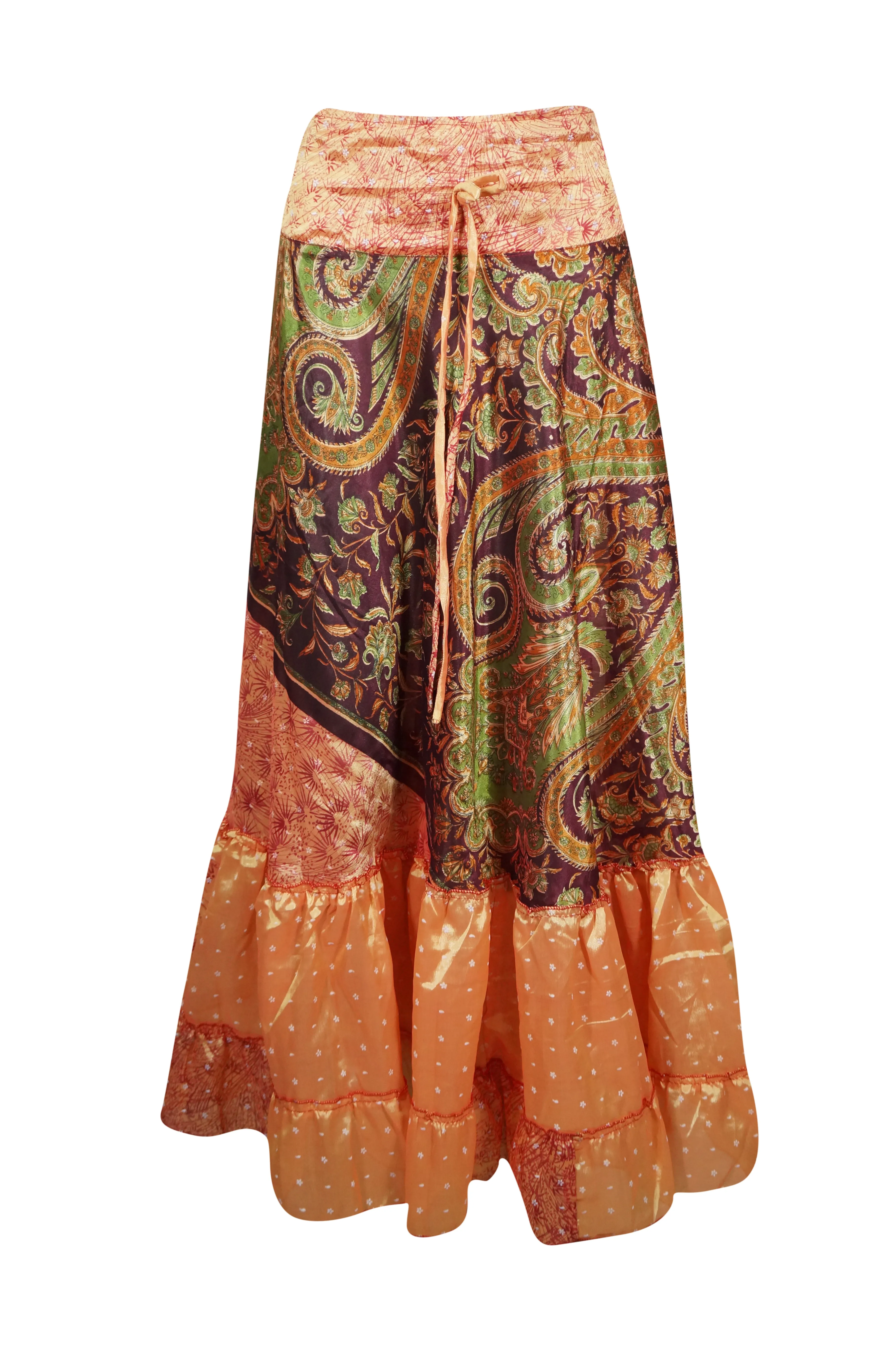 Maxi Skirt Tangerine Orange Floral Skirt Woman's Tiered Boho Skirt ML