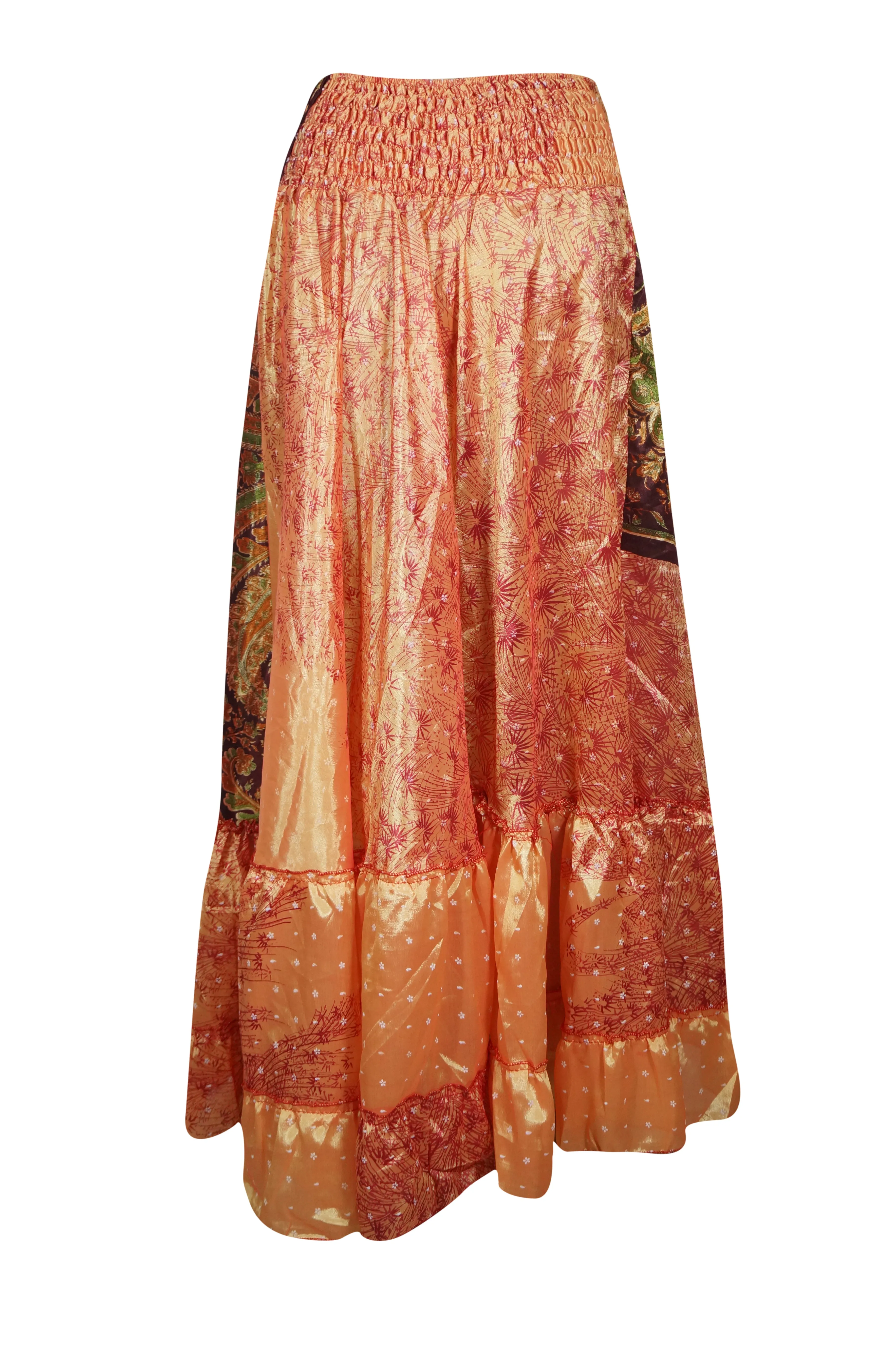 Maxi Skirt Tangerine Orange Floral Skirt Woman's Tiered Boho Skirt ML