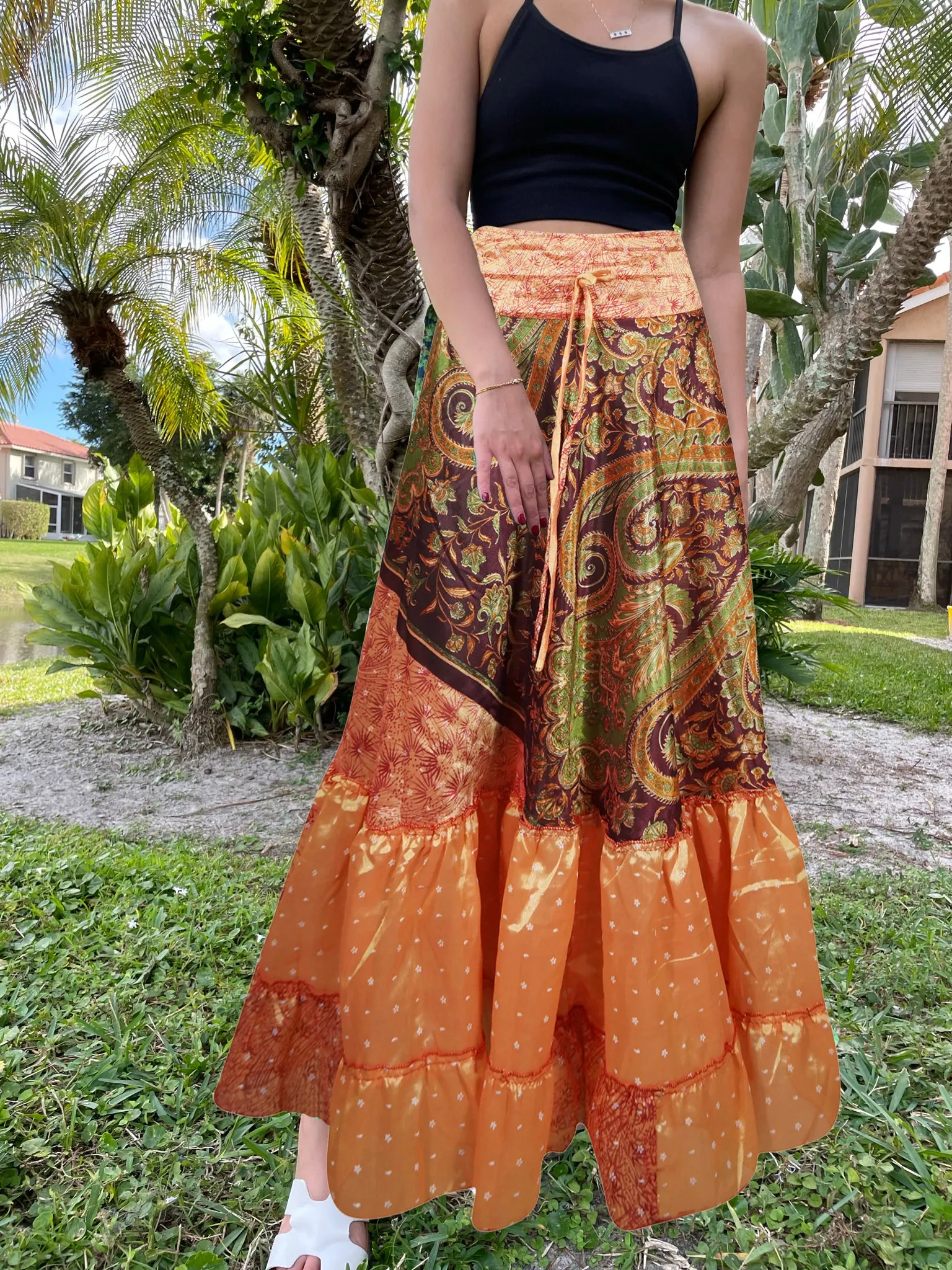 Maxi Skirt Tangerine Orange Floral Skirt Woman's Tiered Boho Skirt ML