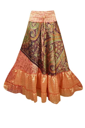 Maxi Skirt Tangerine Orange Floral Skirt Woman's Tiered Boho Skirt ML
