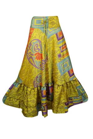 Maxi Skirts for Women Yellow Multi Print Beach Maxi Skirt Patchwork Boho Skirt Dress M/L