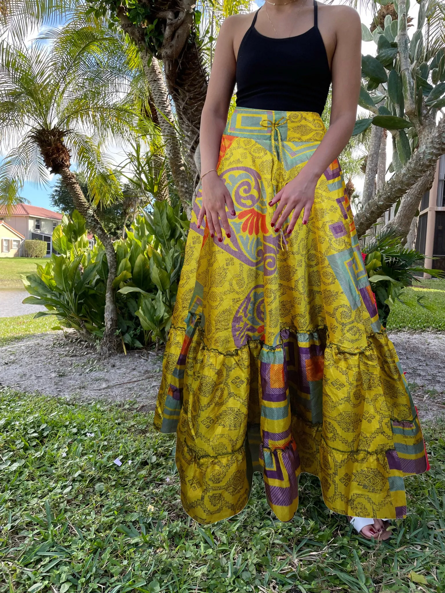 Maxi Skirts for Women Yellow Multi Print Beach Maxi Skirt Patchwork Boho Skirt Dress M/L