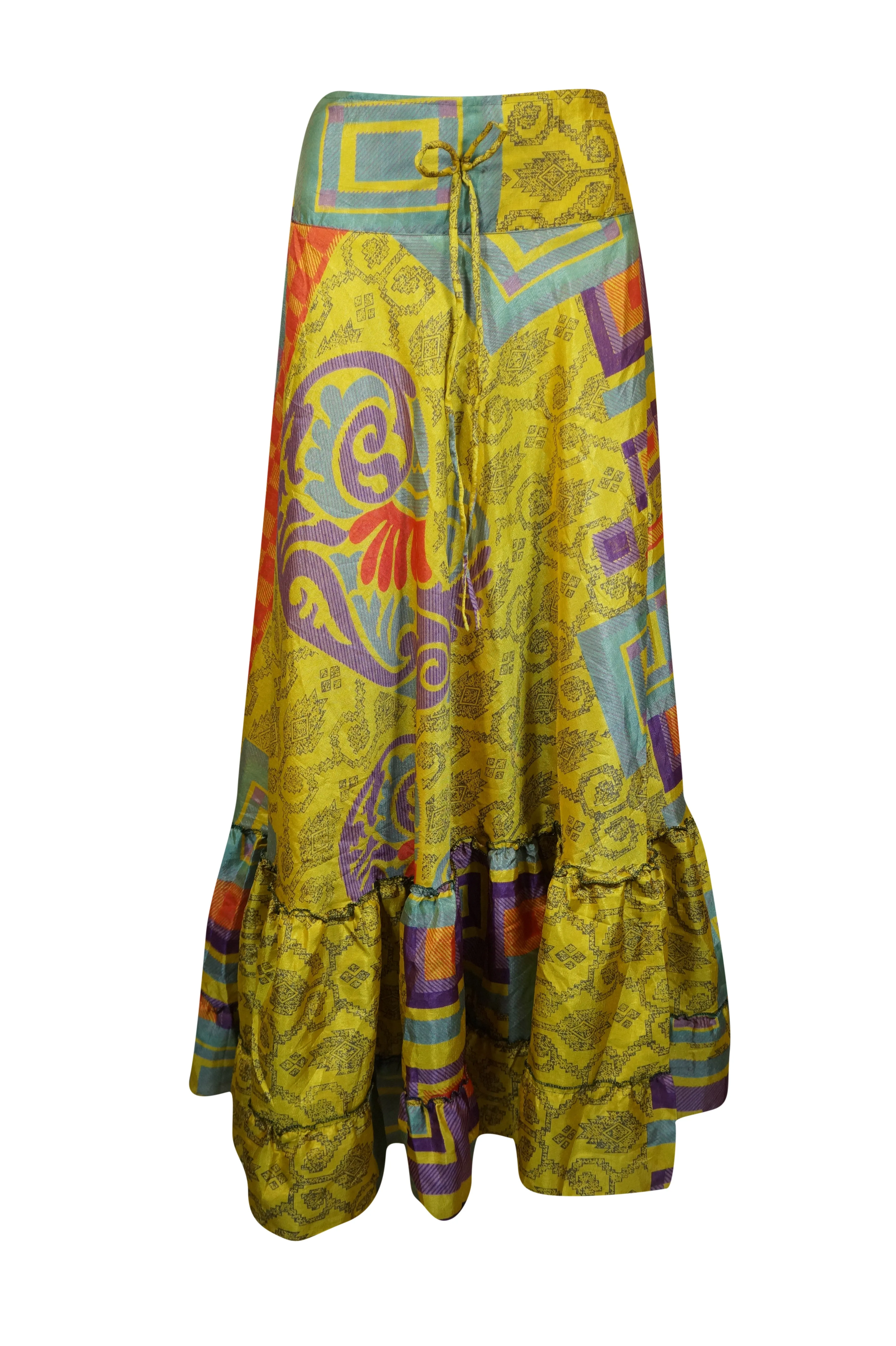 Maxi Skirts for Women Yellow Multi Print Beach Maxi Skirt Patchwork Boho Skirt Dress M/L