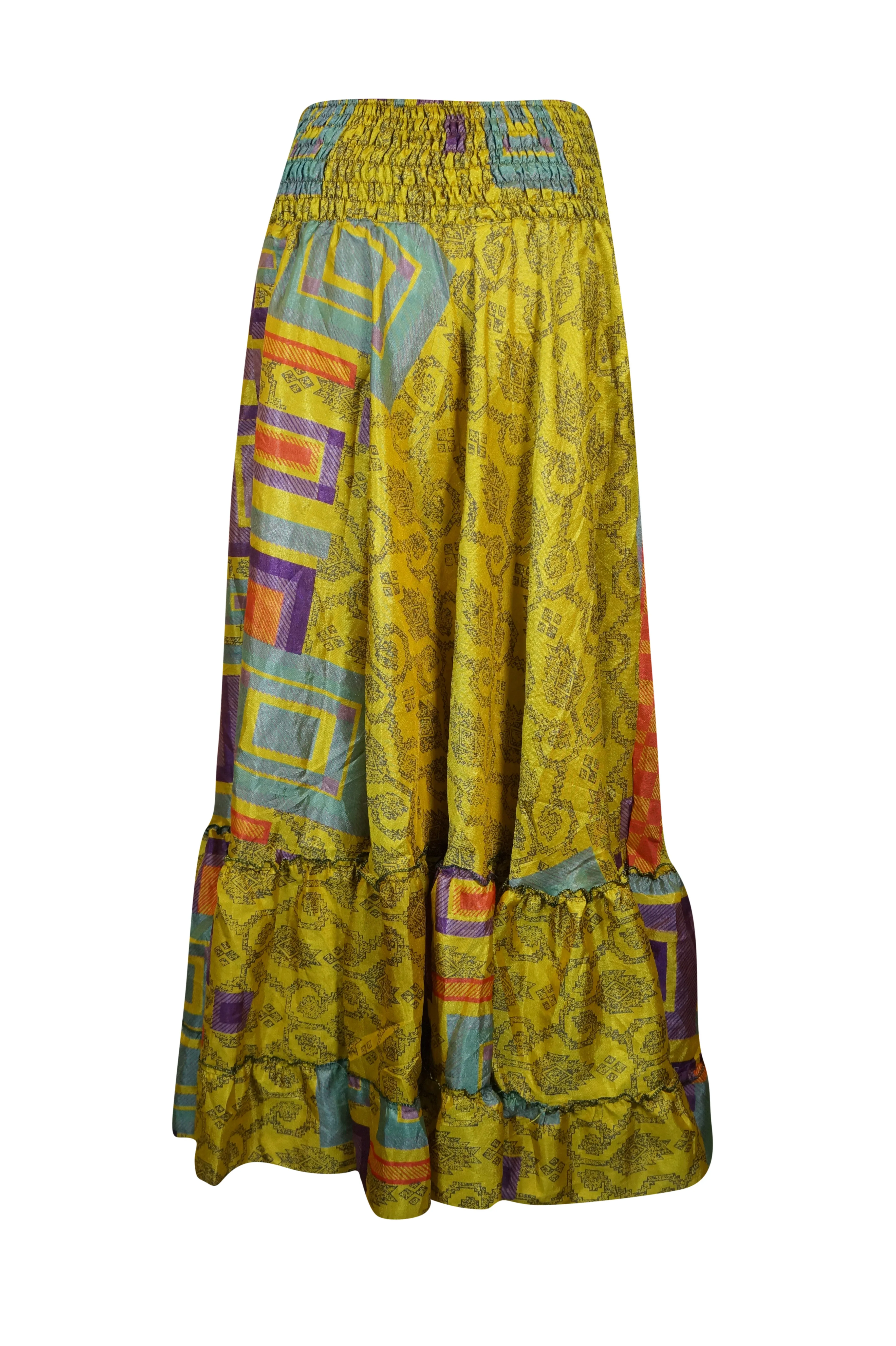 Maxi Skirts for Women Yellow Multi Print Beach Maxi Skirt Patchwork Boho Skirt Dress M/L