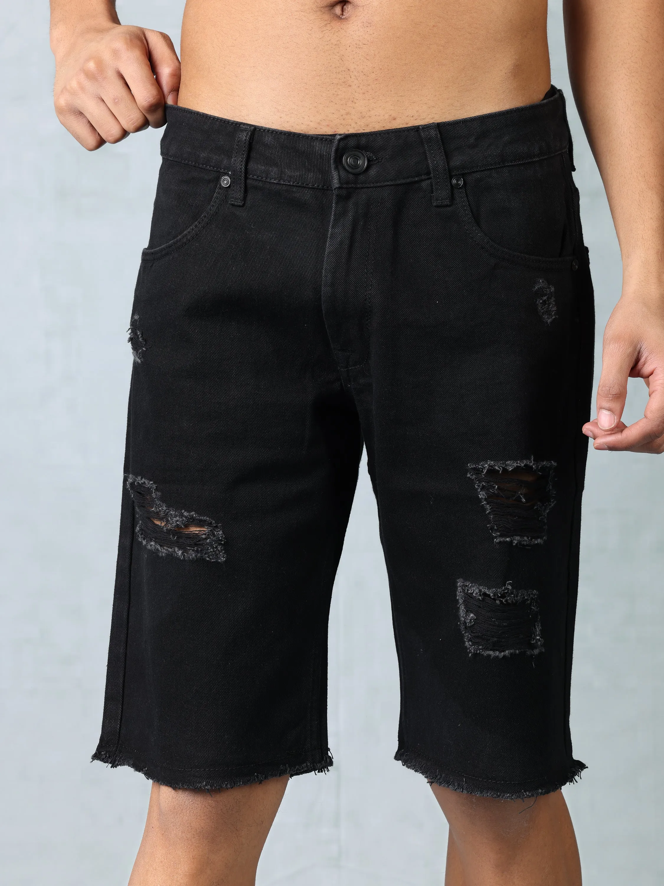 Men Black Denim Mid Waist Rugged Shorts