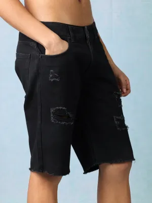 Men Black Denim Mid Waist Rugged Shorts