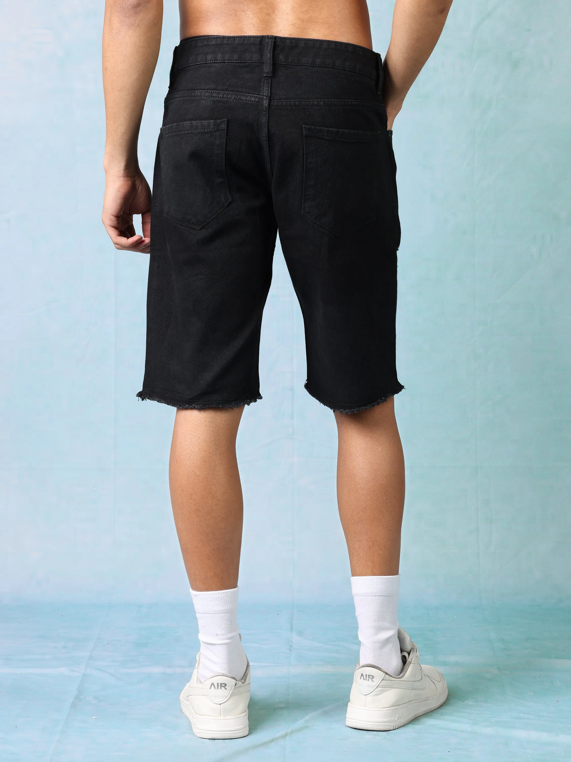 Men Black Denim Mid Waist Rugged Shorts