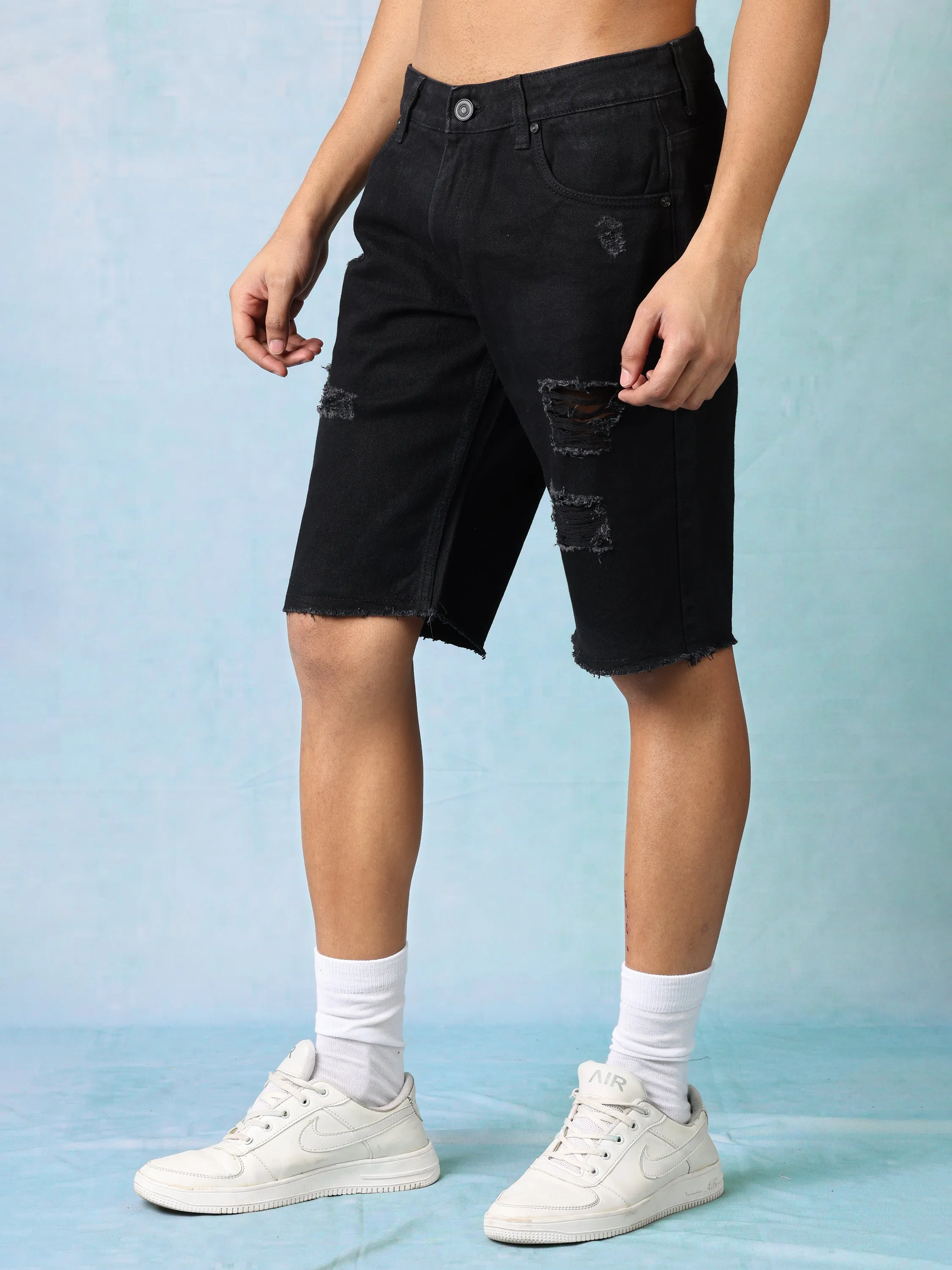 Men Black Denim Mid Waist Rugged Shorts