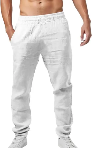 Men Linen Pants Solid Causal Pant Outdoor Vacation Beach Trousers Lightweight Open Bottom Waist Slacks for Summer