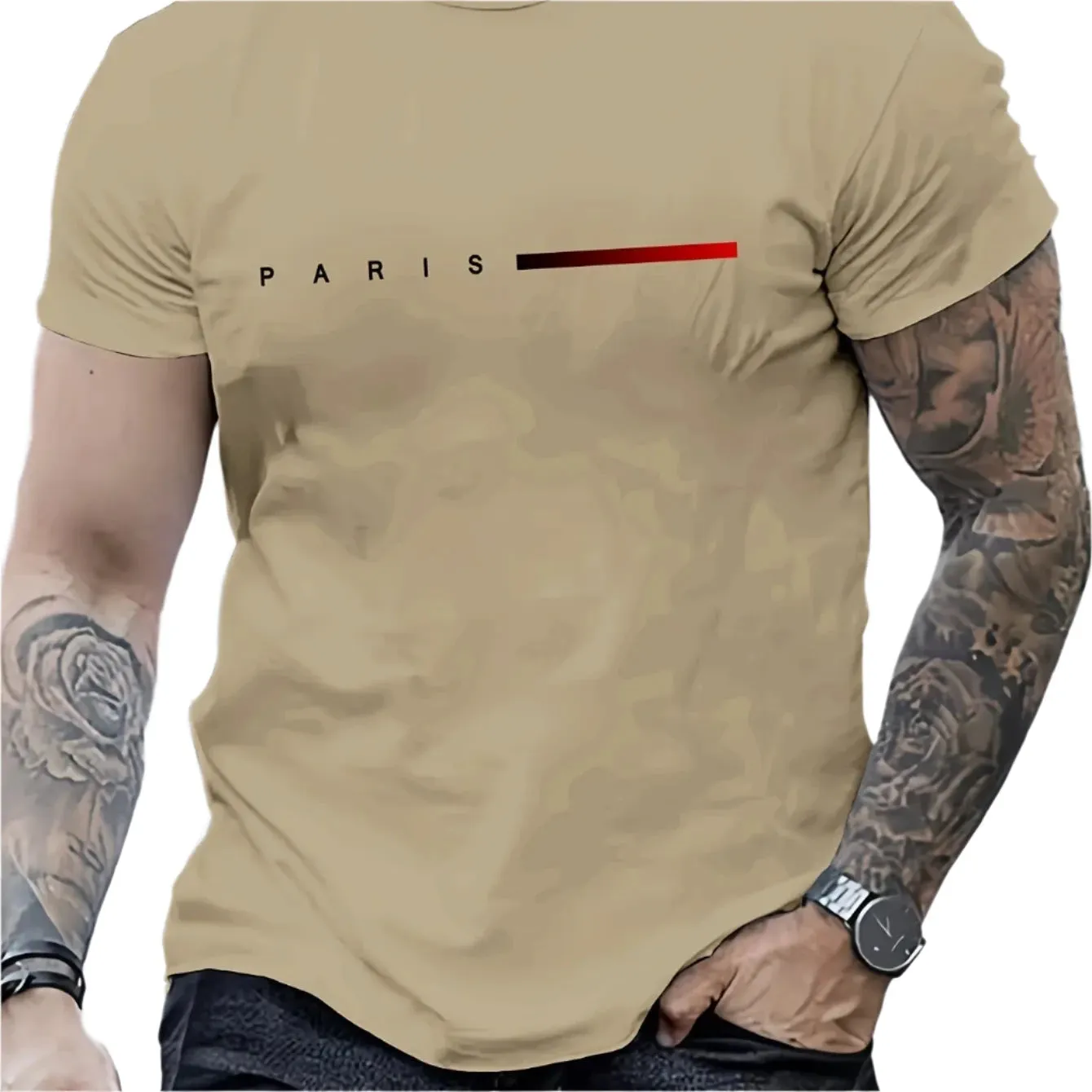 Men’s 100% Cotton Paris Letter Print T-Shirt – Casual Slim Fit, Short Sleeve, Round Neck Summer Top