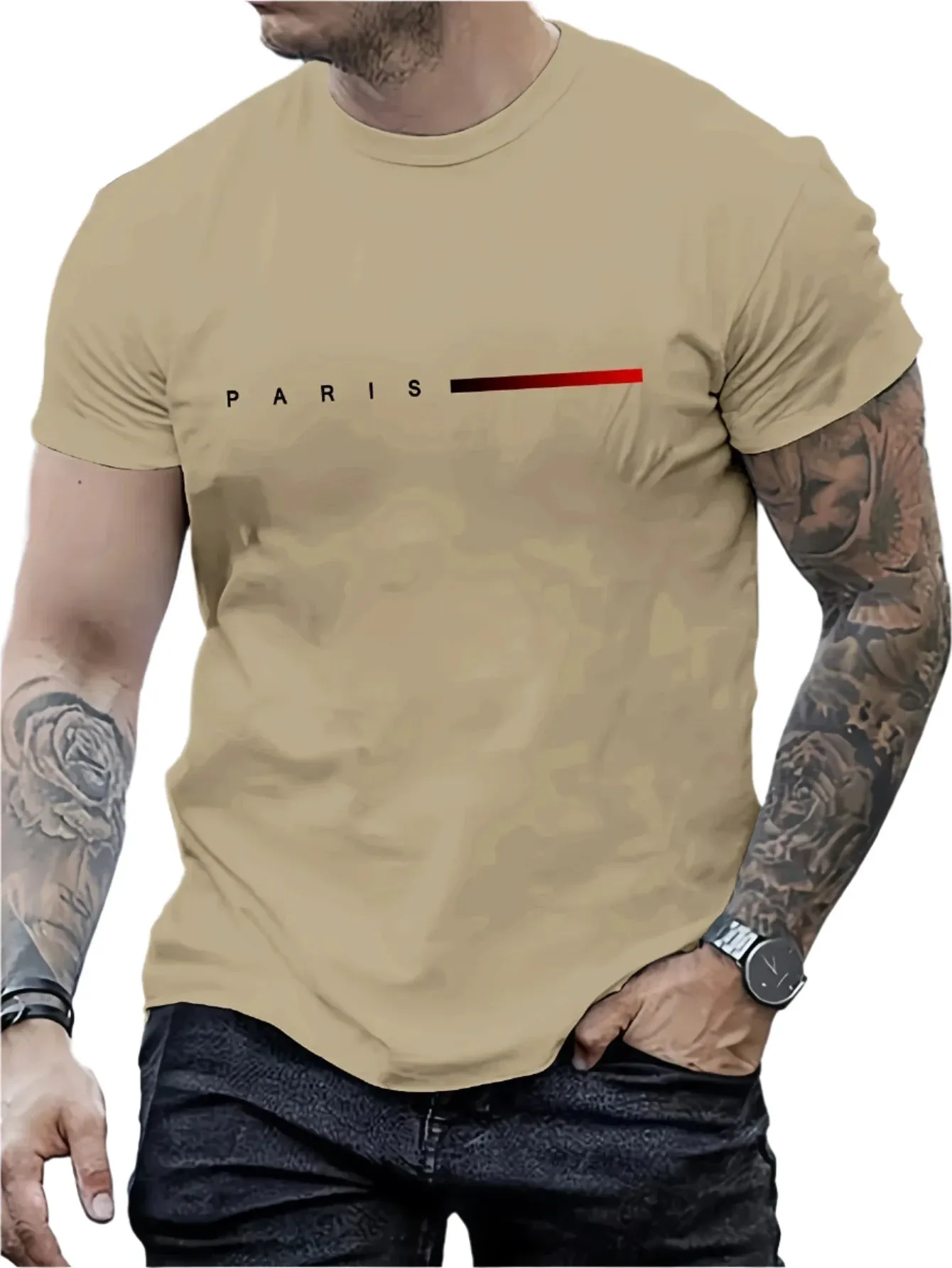 Men’s 100% Cotton Paris Letter Print T-Shirt – Casual Slim Fit, Short Sleeve, Round Neck Summer Top