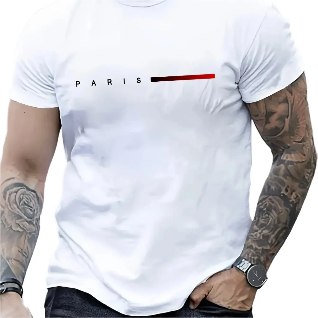 Men’s 100% Cotton Paris Letter Print T-Shirt – Casual Slim Fit, Short Sleeve, Round Neck Summer Top