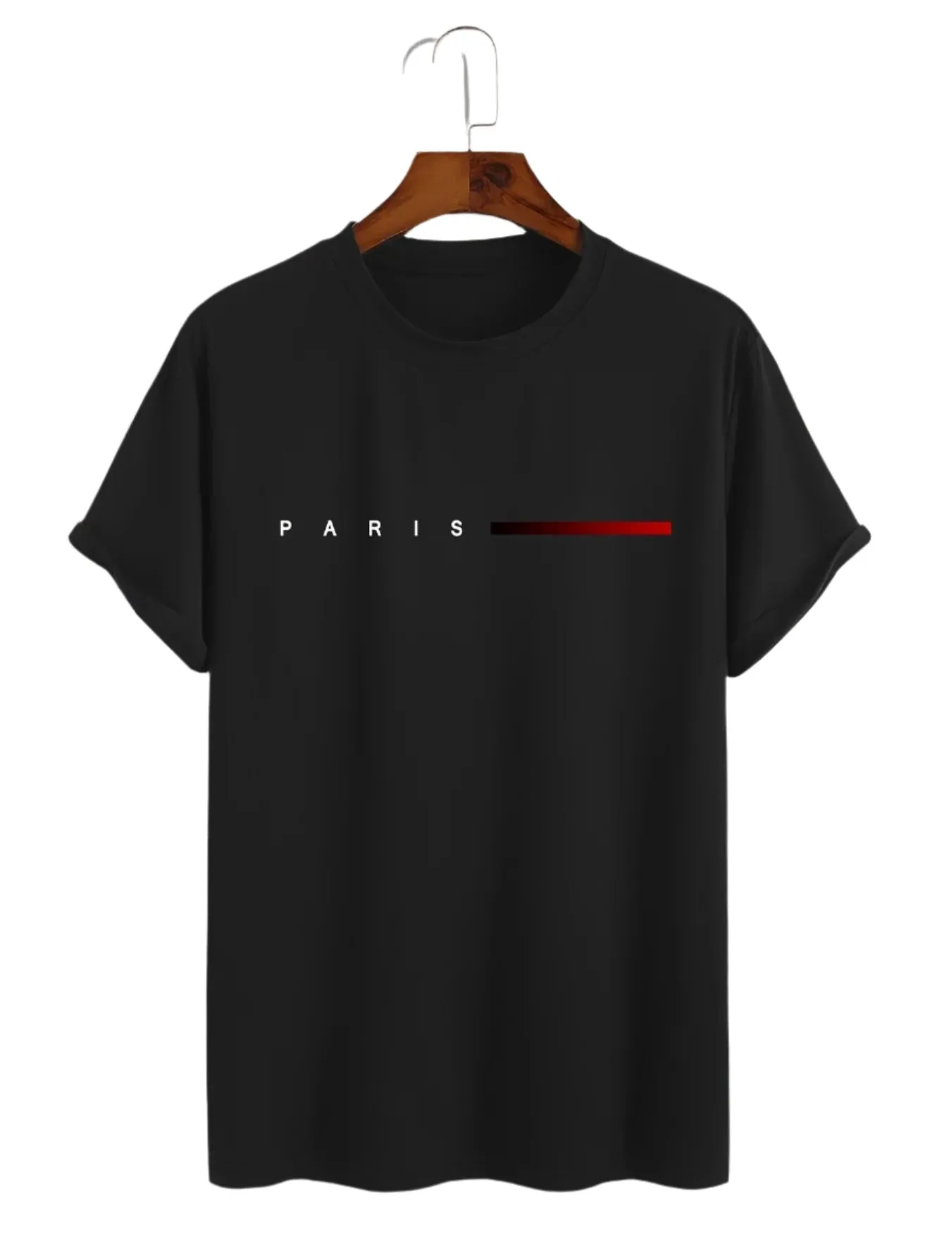 Men’s 100% Cotton Paris Letter Print T-Shirt – Casual Slim Fit, Short Sleeve, Round Neck Summer Top