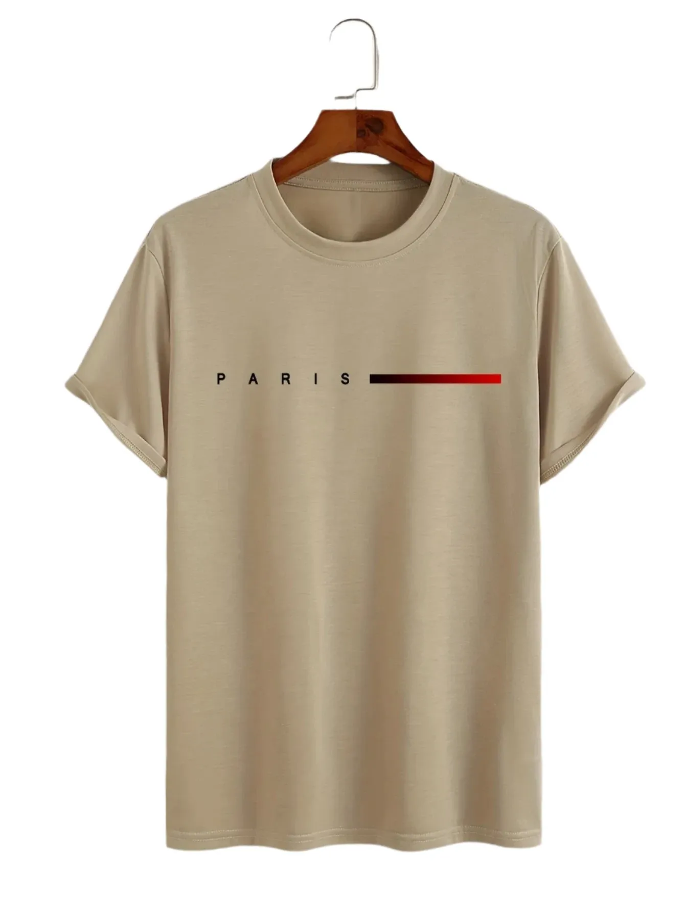 Men’s 100% Cotton Paris Letter Print T-Shirt – Casual Slim Fit, Short Sleeve, Round Neck Summer Top