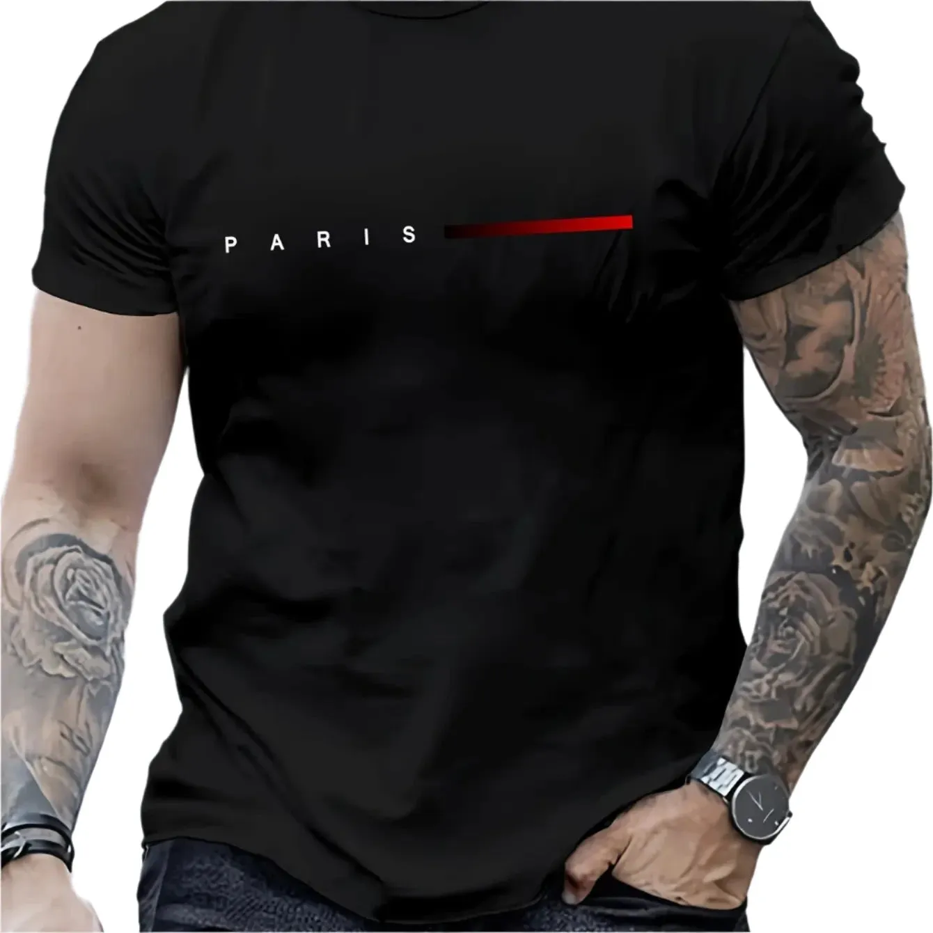 Men’s 100% Cotton Paris Letter Print T-Shirt – Casual Slim Fit, Short Sleeve, Round Neck Summer Top