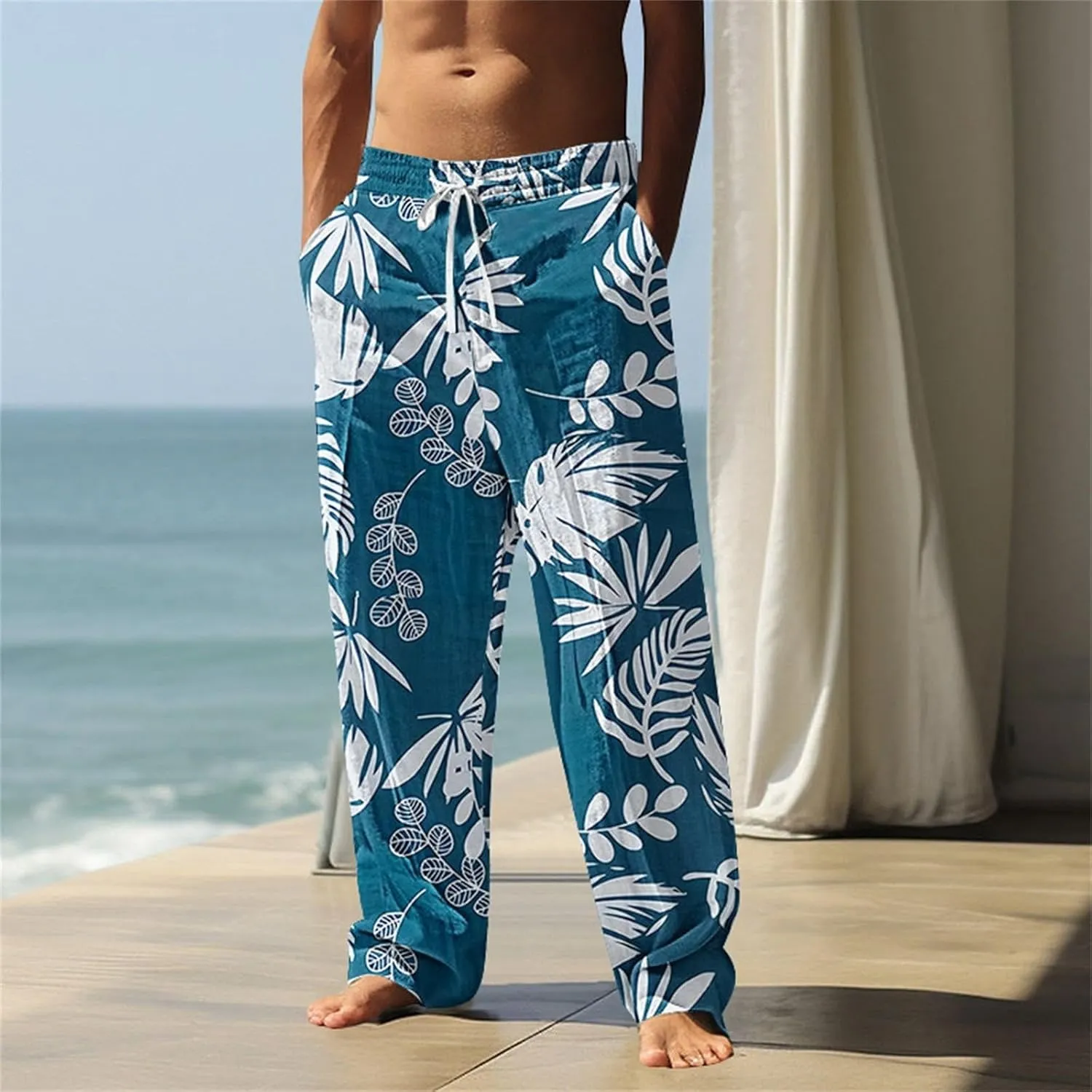 Mens Beach Pants Summer Tropical Plants Print Lightweight Baggy Vacation Slacks Plus Size Drawstring Casual Trousers
